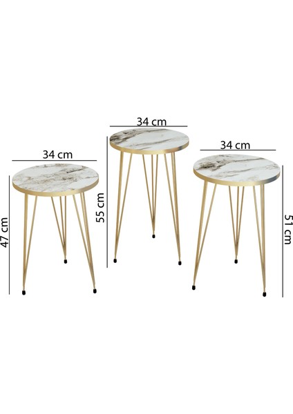 3'lü Zigon Sehpa Gümüş Seri Yuvarlak Model,gümüş Metal Ayaklı Zigon Sehpa Seti Siyah Mermer Desenli