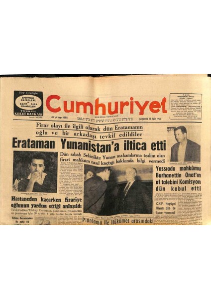 Cumhuriyet Gazetesi 18 Eylül 1963 - Zeki Erataman Yunanistana Iltica Etti GZ85363