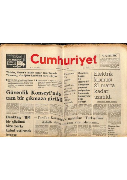 Cumhuriyet Gazetesi 1 Mart 1975 - Fordun Korutürke Mektubu Türkiyenin Itidalli Davranmasını Rica Ediyorum GZ84931