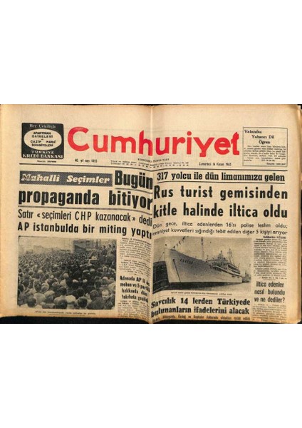 Cumhuriyet Gazetesi 16 Kasım 1963 - 317 Yolcu Ile Dün Limanımıza Gelen Rus Turist Gemisinden Kitle Halinde Iltica Oldu GZ85504