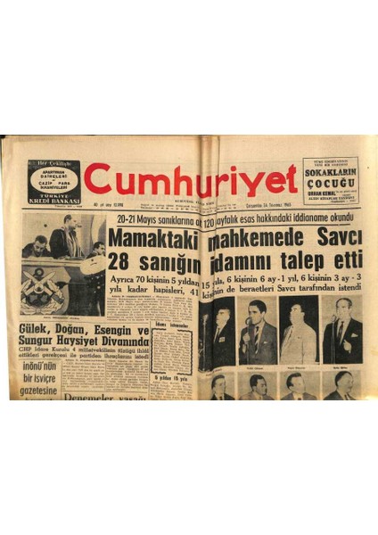 Cumhuriyet Gazetesi 24 Temmuz 1963 - Mamaktaki Mahkemede Savcı 28 Sanığın Idamını Talep Etti GZ85469