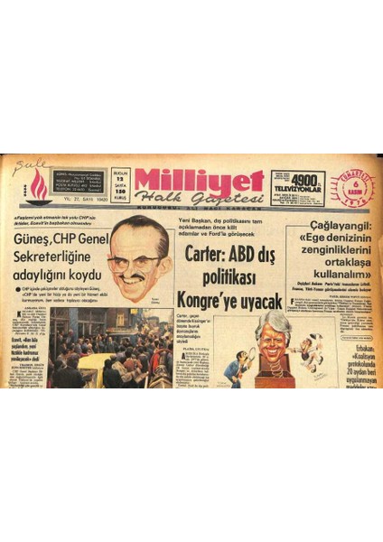 Milliyet Halk Gazetesi 6 Kasım 1976 - Carter Abd Dış Politikası Kongreye Uyacak GZ85748