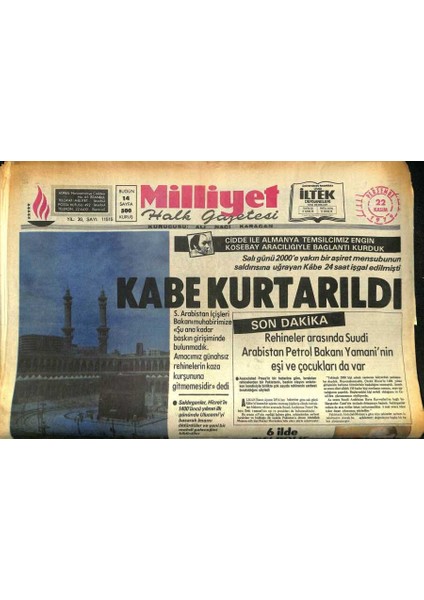 Milliyet Halk Gazetesi 22 Kasım 1979 - Kabe Kurtarıldı , Salı Günü 2000E Yakın Aşiret Mensubunun Saldırısına Uğrayan Kabe 24 Saat Işgal Edilmişti GZ86221