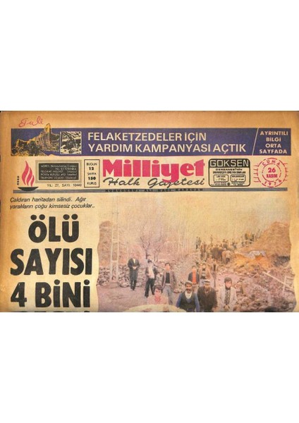 Milliyet Halk Gazetesi 26 Kasım 1976 - Van Depremi Van Bölgesinde Ölü Sayısı 4 Bini Geçti GZ86692
