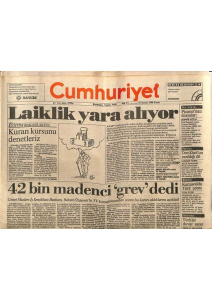 Cumhuriyet Gazetesi 18 Kasım 1990 - Don Kişotun Yazıldığı Dil - Picassonun Dosyaları GZ87357