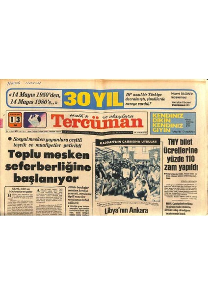 Tercüman Gazetesi 13 Mayıs 1980 - Toplu Mesken Seferberliğine Başlanıyor GZ87563