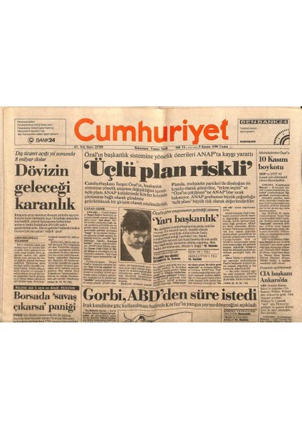 Cumhuriyet Gazetesi 9 Kasım 1990 - Özalın Başkanlık Sistemine Yönelik Önerileri Anapta Kaygı Yarattı GZ87509