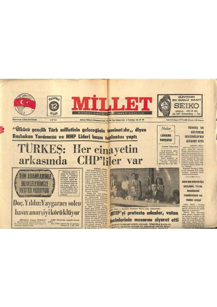 Millet Gazetesi 12 Nisan 1976 - Alparslan Ntürkeş,her Cinayetin Ardında Chp Vardır GZ89566
