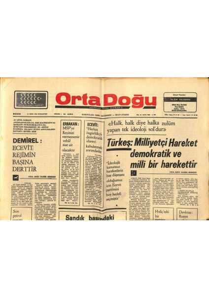 Orta Doğu Gazetesi 11 Ekim 1975 - Türkeş Milliyetçi Hareket Demokratik ve Milli Bir Harekettir GZ89245