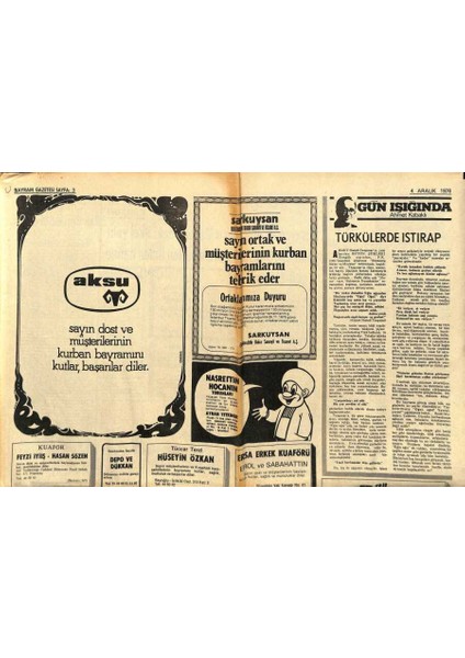 Bayram Gazetesi 4 Aralık 1976 - Çakıl Gazinosu Zeki Müren Afişi, Bebek Maksim Gönül Yazar Afişi GZ89469