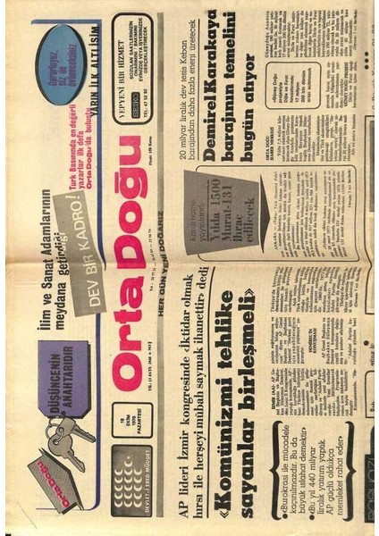 Orta Doğu Gazetesi 18 Ekim 1976 - Süleyman Demirel Karakaya Barajının Temelini Atıyor GZ89353