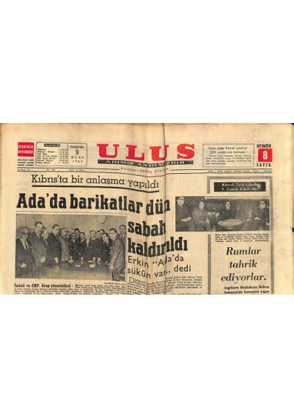 Ulus Gazetesi 9 Ocak 1964 - Kıbrısta Bir Anlaşma Yapıldı , Adada Barikatlar Dün Sabah Kaldırıldı GZ90389