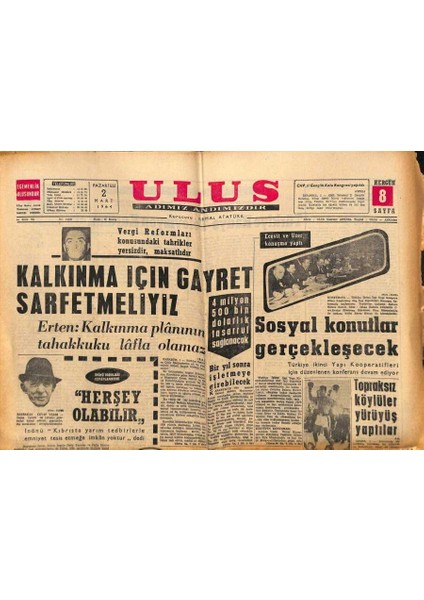 Ulus Gazetesi 2 Mart 1964 - Çukurovaya 428 Milyon Liralık Yatırım GZ90346