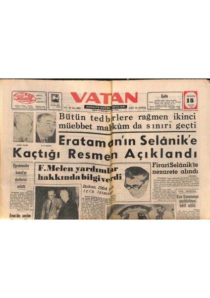 Vatan Gazetesi 18 Eylül 1963 - Kennedy Rakibimiz Ortak Pazar Diyor - Harem Hayatı Filme Alınacak GZ90514
