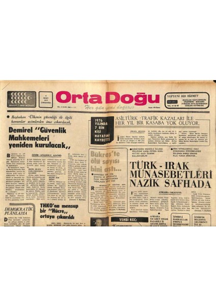 Ortadoğu Gazetesi 9 Mart 1977 - Demirel Güvenlik Mahkemeleri Yeniden Kurulacak GZ90160