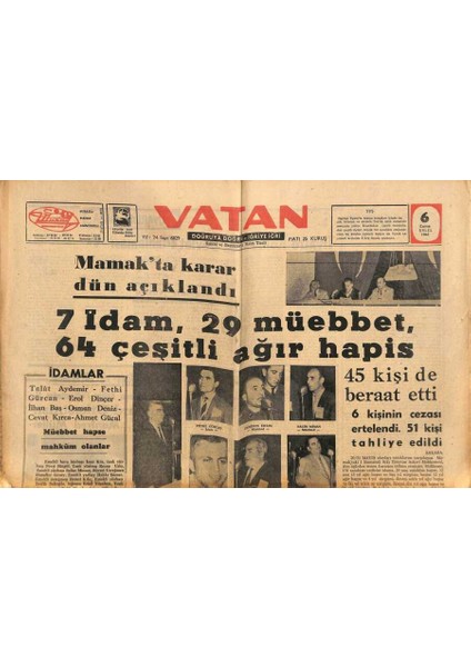 Vatan Gazetesi 6 Eylül 1963 - Mamakta Karar Dün Açıklandı 7 Idam , 29 Müebbet , 64 Çeşitli Ağır Hapis GZ90507