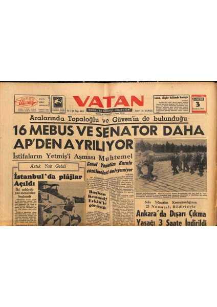 Vatan Gazetesi 3 Haziran 1963 - Afrikada 20 Bin Nüfusa 1 Doktor Düşüyor GZ90426