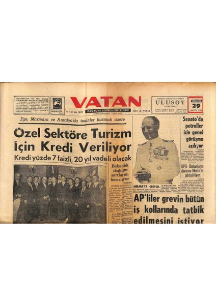 Vatan Gazetesi 29 Mayıs 1963 - Ege , Marmara ve Antalyada Tesisler Kurmak Üzere Özel Sektöre Turizm Için Kredi Veriliyor GZ90497