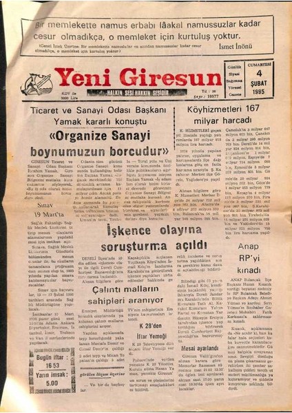 Yeni Giresun Gazetesi 4 Şubat 1995 - Işkence Olayına Soruşturma Açıldı - Anap Rpyi Kınadı GZ90954