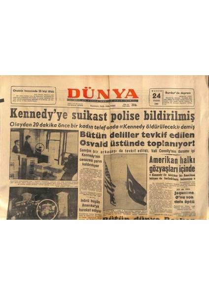 Dünya Gazetesi 24 Kasım 1963 - Kennedyye Suikast Polise Bildirilmiş GZ90787
