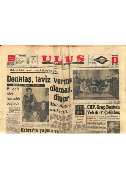 Ulus Gazetesi 8 Ocak 1964 - Mareşal Rommelin Hazinesi Bulunamıyor - Denktaş Taviz Verme Olamaz Diyor GZ90388
