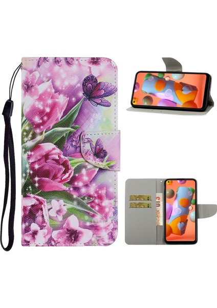 Samsung Galaxy A21-TÜLIPLER Için Faddish Desen Deri Cüzdan Kılıfı (Yurt Dışından)