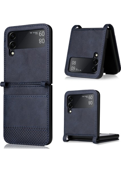 Vintage Doku Tek Parçalı Tasarım Pu Deri Kaplamalı Pc Telefon Kılıfı Samsung Galaxy Z Flip3 5g-Mavi Için Kart Yuvası ile (Yurt Dışından)