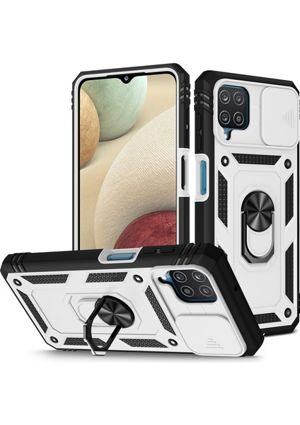 Shockproof Pc+Tpu Hibrid Kickstand Card Yuvası Telefon Kılıfı Samsung Galaxy A12-BEYAZ/SIYAH Için Yan Kamera Kapağı (Yurt Dışından)