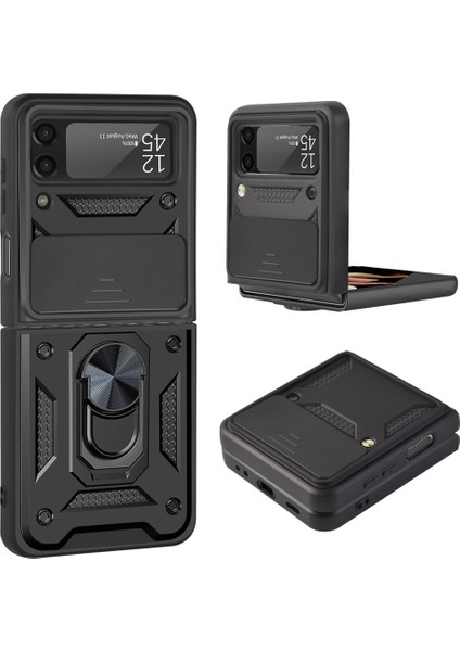 Kamera Slide Cover Samsung Galaxy Z Flip3 Için Yüzük Tutucu Kickstand ile Koruyucu Telefon Kılıfı (Yurt Dışından)
