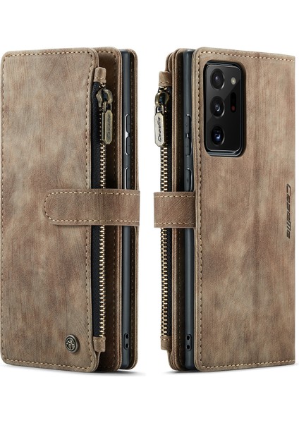 10 Kart Yuvası ve Fermuar Cep Tasarımı Manyetik Kapanma Pu Deri Cüzdan Kılıfı Samsung Galaxy NOTE20 ULTRA/NOTE20 Ultra 5g-Brown (Yurt Dışından)