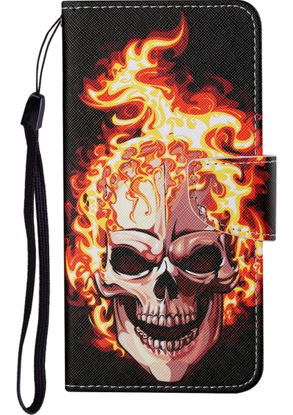 Renkli Desen Baskı Pu Deri Telefon Stand Kılıfı Samsung Galaxy A12 Skull ve Fire (Yurt Dışından)
