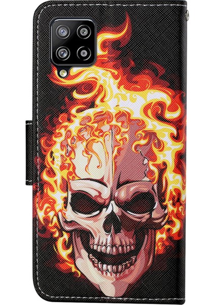 Renkli Desen Baskı Pu Deri Telefon Stand Kılıfı Samsung Galaxy A12 Skull ve Fire (Yurt Dışından) fiyatları