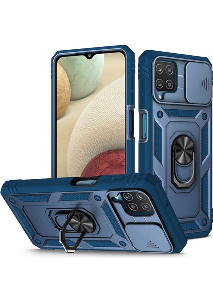 Shockproof Pc+Tpu Hibrid Kickstand Card Yuvası Samsung Galaxy A12-BLUE Için Yan Kamera Kapağı ile Telefon Kılıfı (Yurt Dışından)