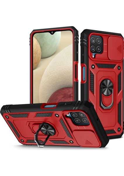 Şok Geçirmez Pc+Tpu Hibrid Kickstand Card Yuvası Telefon Kılıfı Samsung Galaxy A12-RED/SIYAH Için Yan Kamera Kapağı (Yurt Dışından)