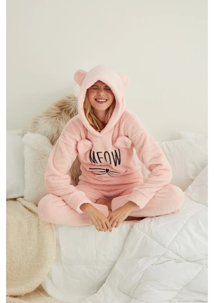 Polar Meow Kapşonlu Pijama Takımı-Somon