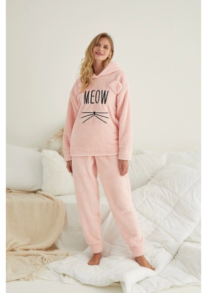 Polar Meow Kapşonlu Pijama Takımı-Somon