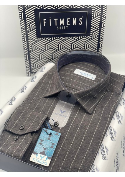 Klasik Uzun Kol Kışlık Çizgili Yaka Düğmeli Hediye Kutulu Erkek Gömlek (Code:A.8362) - Kahverengi fiyatları