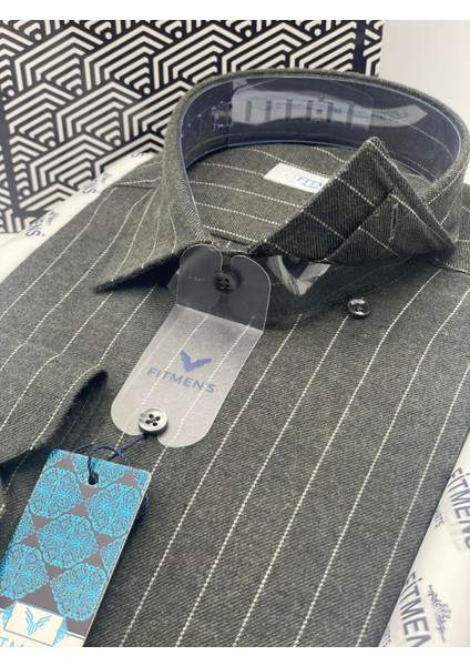 Klasik Uzun Kol Kışlık Çizgili Yaka Düğmeli Hediye Kutulu Erkek Gömlek (Code:A.8362) - Haki