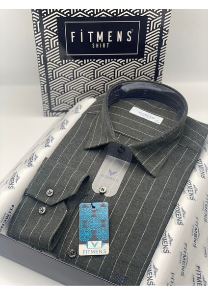 Klasik Uzun Kol Kışlık Çizgili Yaka Düğmeli Hediye Kutulu Erkek Gömlek (Code:A.8362) - Haki fiyatları