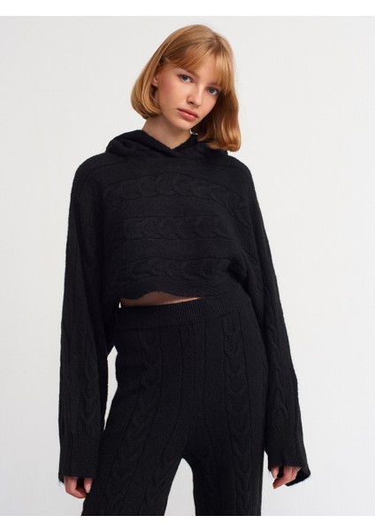10459 Kapşonlu Kimono Kol Saç Örgü Crop Kazak-Siyah modelleri