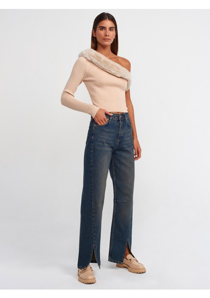 10452 Yakası Fonksiyonel Kürklü Tek Kollu Kazak-Bej modelleri