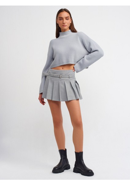 10483 Yumuşak Dokulu Dik Yaka Crop Kazak-Gri