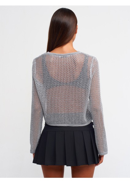 10350 Bisiklet Yaka Ajur Desen Crop Kazak-Gri fiyatları