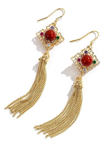 Uzun Vintage Moda Kırmızı Püskül Küpe (Yurt Dışından)
