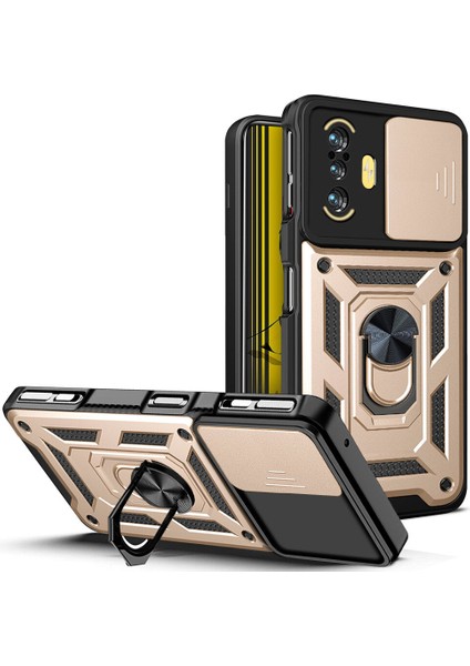 Xiaomi Redmi K40 Gaming Için Halka Ayaklı ve Kayar Kamera Kapaklı Telefon Kılıf (Yurt Dışından)