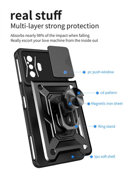 Xiaomi Poco F4 Gt Için Halka Ayaklı ve Kayar Kamera Kapaklı Telefon Kılıf (Yurt Dışından)