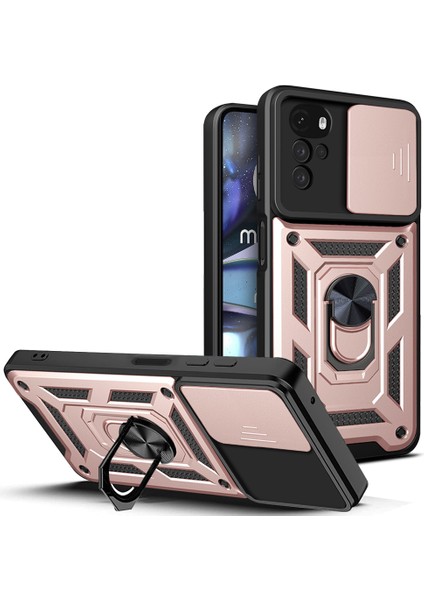 Motorola Moto G22 Için Halka Ayaklı ve Kayar Kamera Kapaklı Telefon Kılıf (Yurt Dışından)