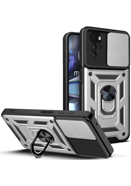 Motorola Moto G22 Için Halka Ayaklı ve Kayar Kamera Kapaklı Telefon Kılıf (Yurt Dışından)