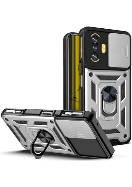 Xiaomi Redmi K40 Gaming Için Halka Ayaklı ve Kayar Kamera Kapaklı Telefon Kılıf (Yurt Dışından)