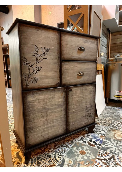 El Boyaması Vintage Çekmeceli Raflı Dolap fiyatları